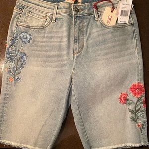 Driftwood denim embroidered Bermuda short. 11” inseam. Cotton with 1% spandex.